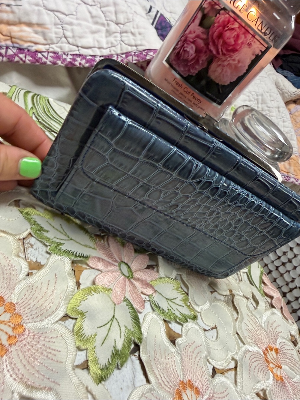 Glossy Croc-Embossed Navy Wallet Clutch